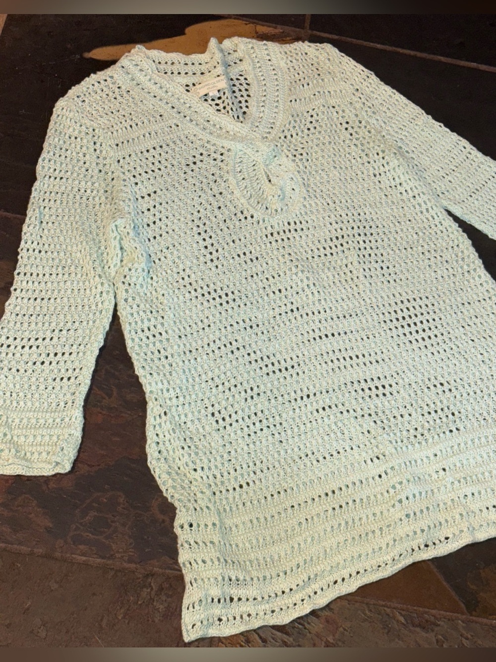 Sigrid Olsen Green Open Crochet Knit Sweater Summer Tunic Women’s L Boho Coastal